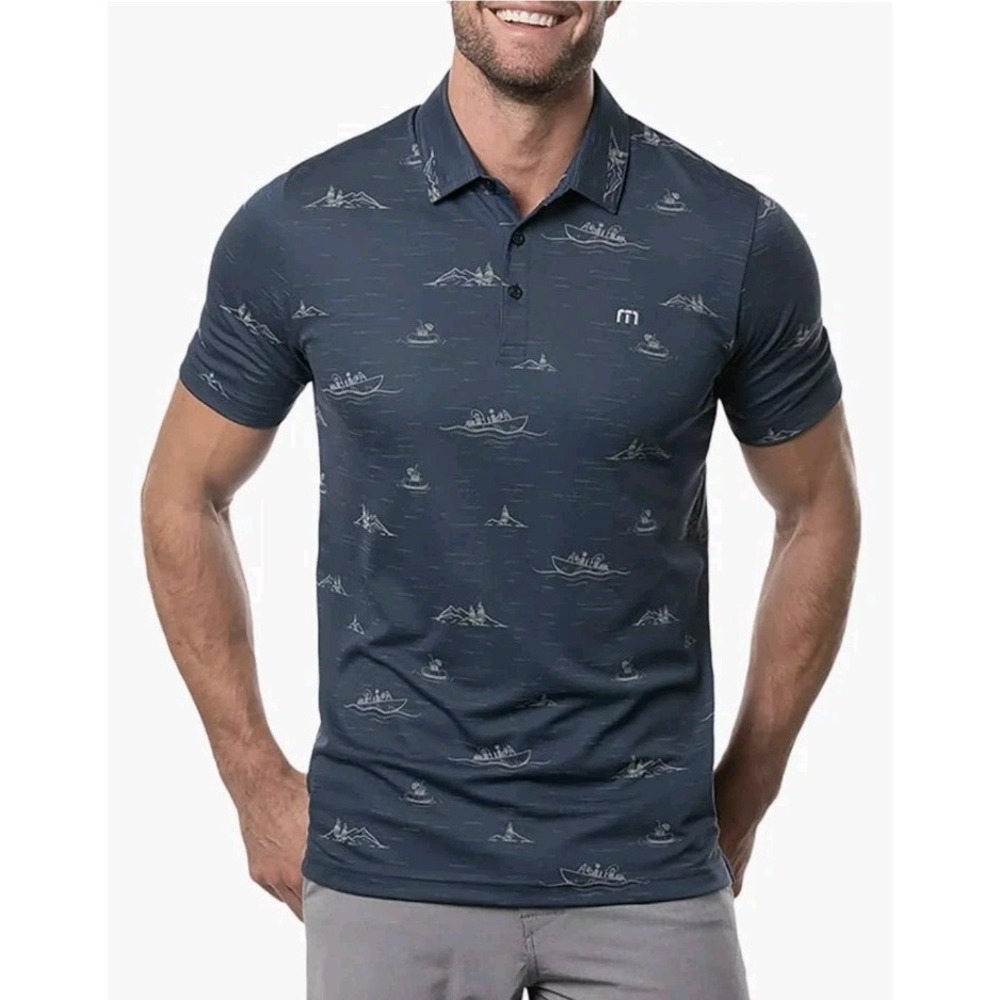 Travis Mathew Mens XL Blue Polo Golf Shirt Fun & Games Print Short Sleeve